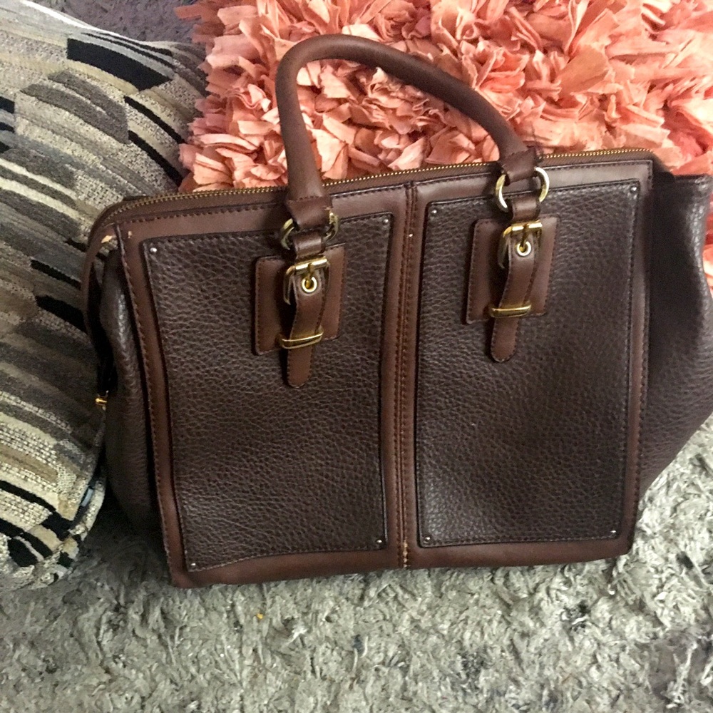Dark brown colored tote bag.